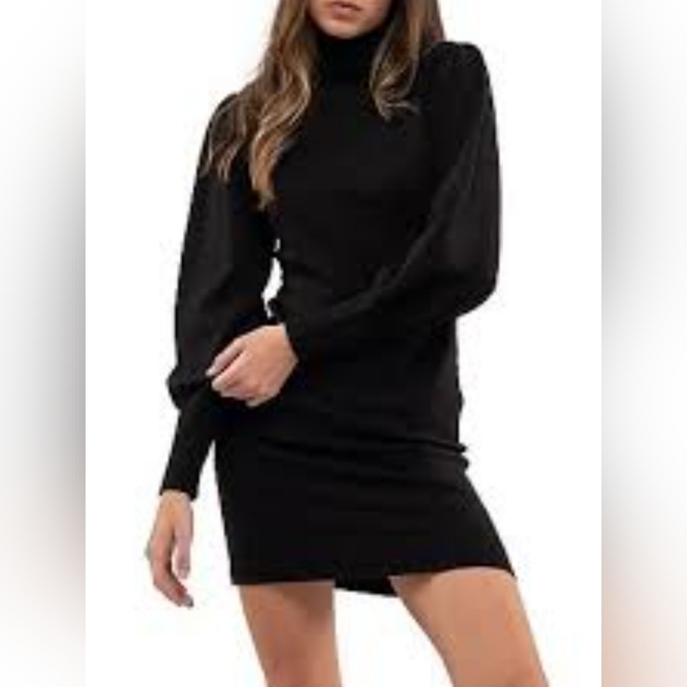 Size M - August Sky Elegant Black  Turtleneck Ballon Sleeve Sweater Dress - Picture 2 of 4